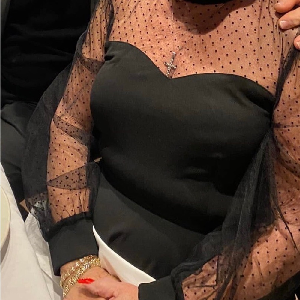 Black Sheer Dot Mesh Peplum Blouse - Picture 2 of 2